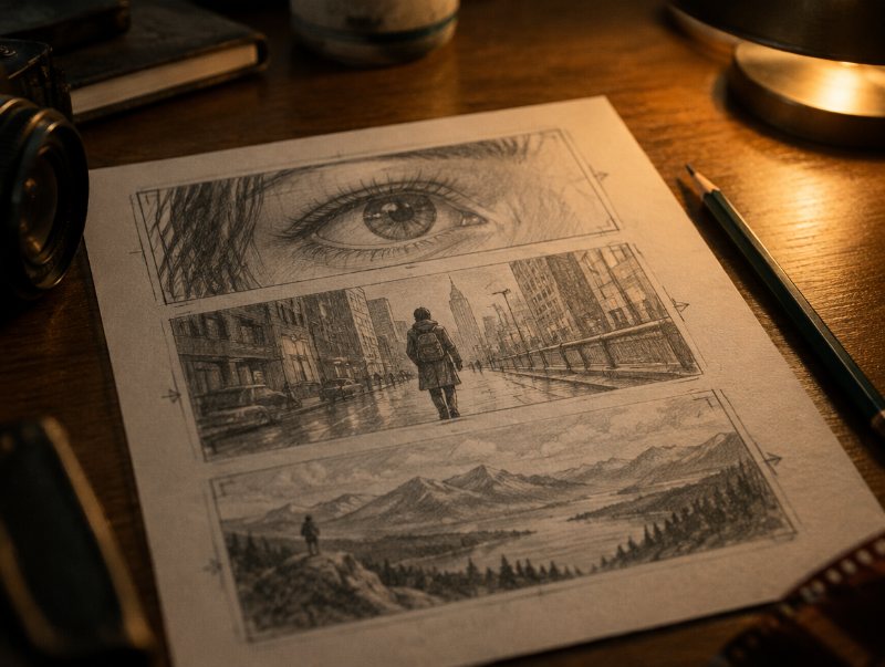 Pencil storyboard sheet with three panels