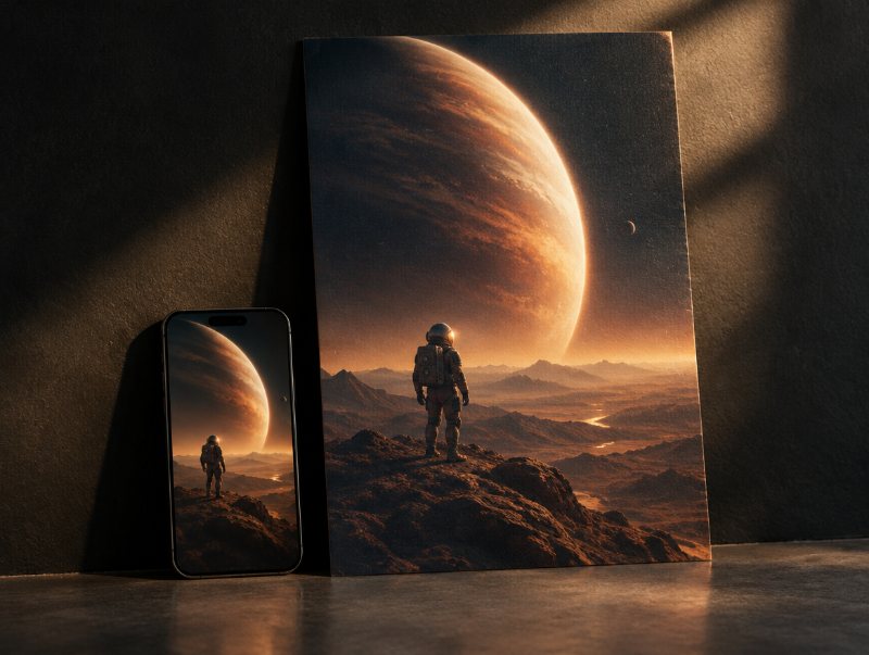 Phone and printed poster with the same artwork